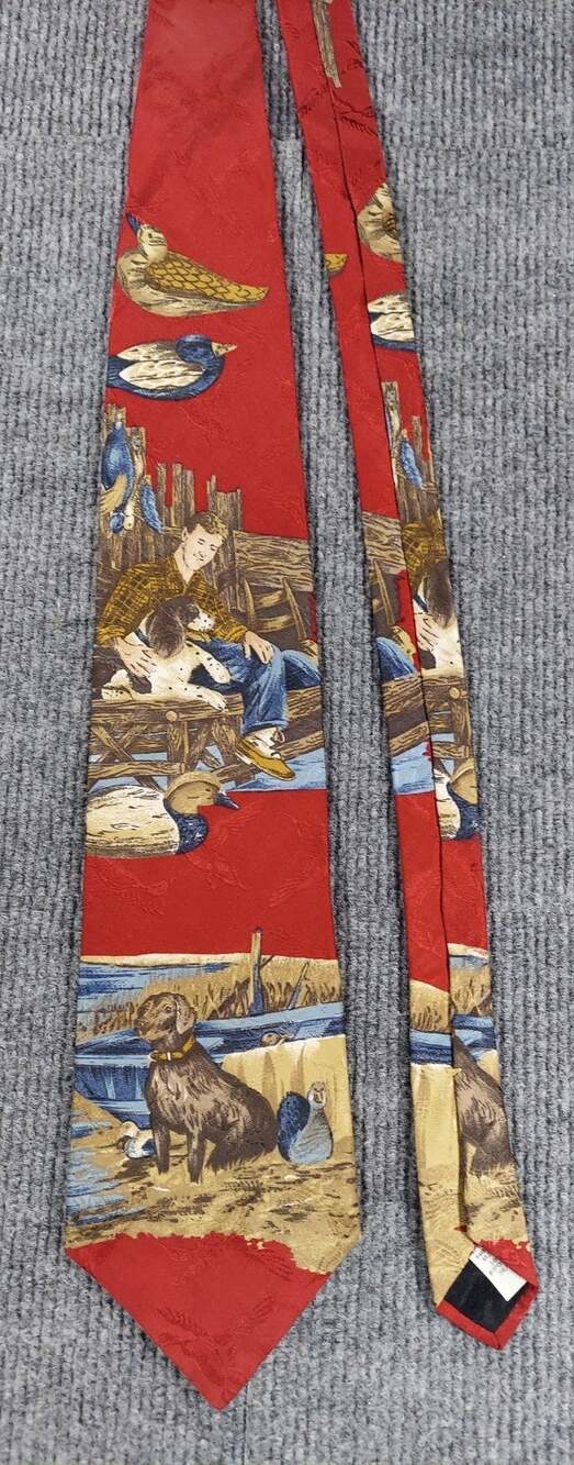 Vintage Field & Stream Men's Necktie Red Duck Hunting Outdoorsman USA Made Silk